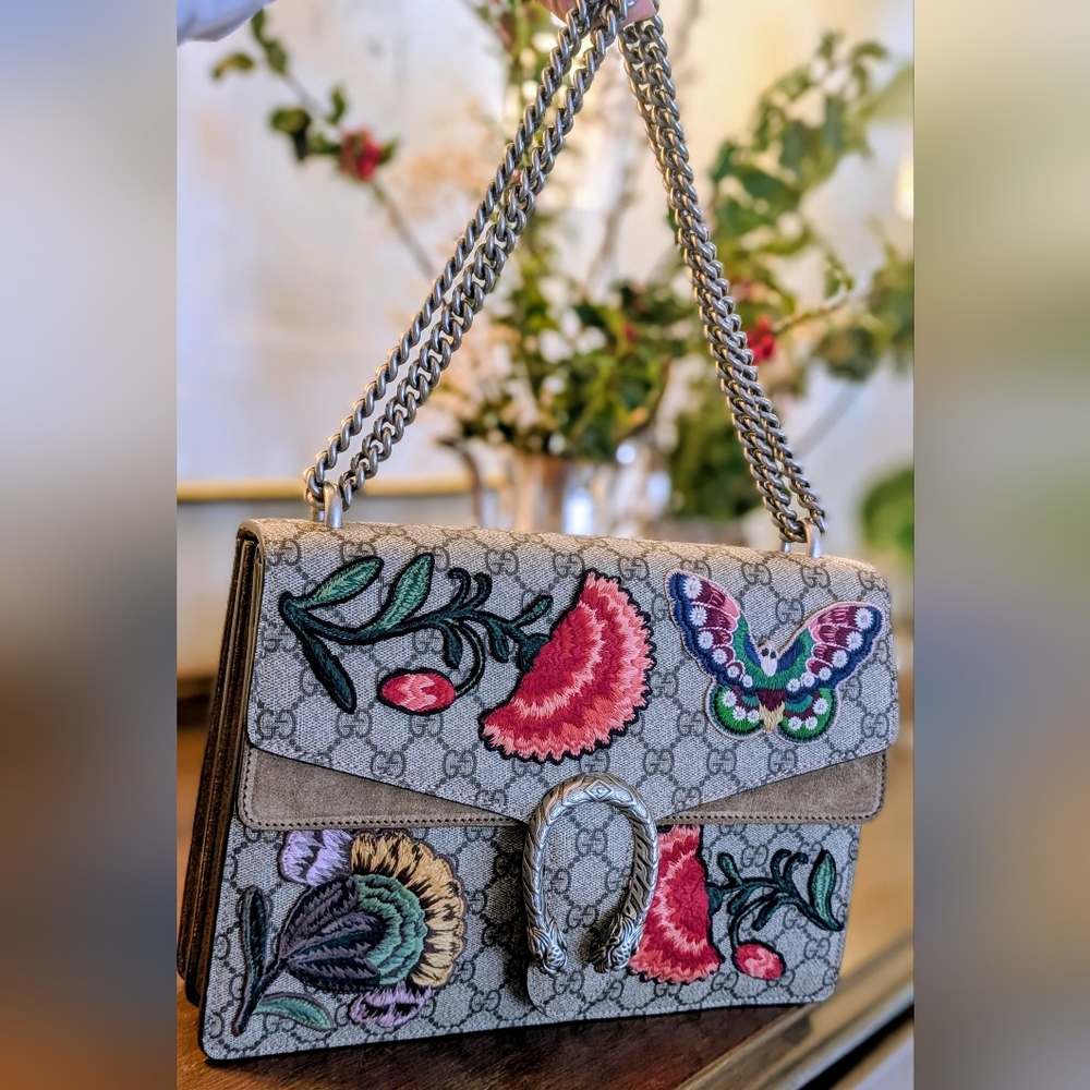 Gucci GG Supreme Canvas Embroidered Butterfly/Flowers Dionysus Shoulder Bag - Picture 11 of 14